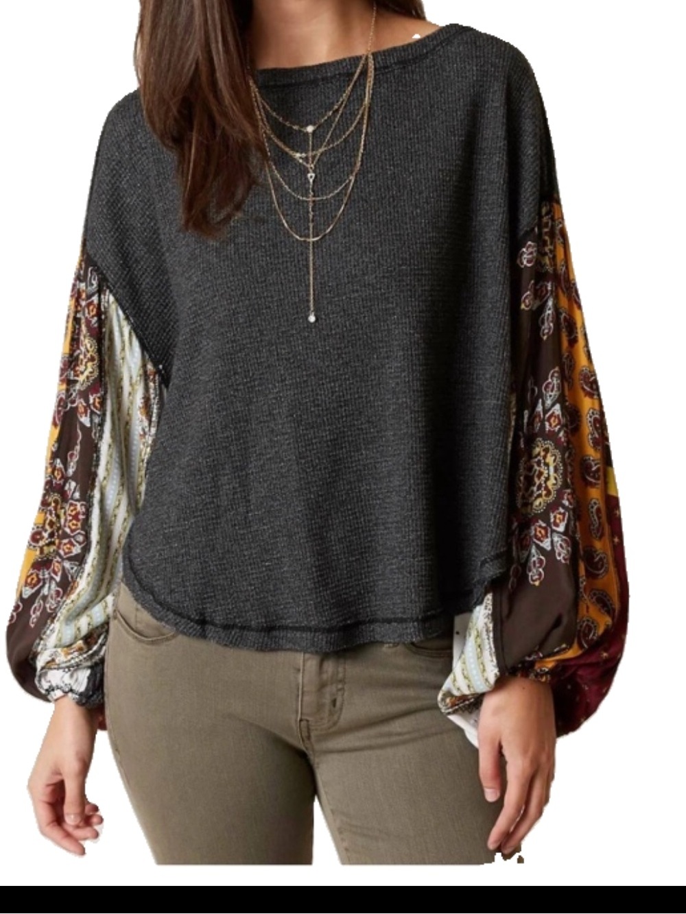 WE THE FREE Free People Gray Thermal Blossom Billow Paisley Boho Sleeves Top XS